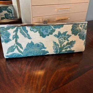 Glenda Geiss Teal Floral Fabric Clutch with Silver Trim